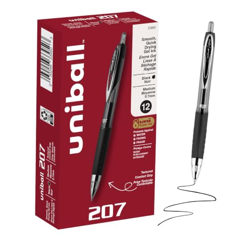 Uni-Ball 207 Gel Pens Pack of 12, Black Ink, 0.7mm Medium Point, Retractable