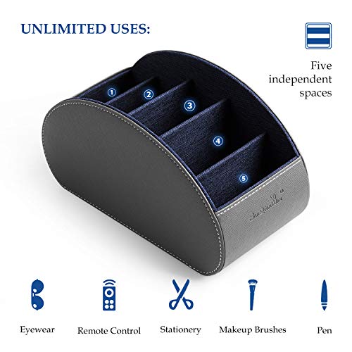 BONNY DODO Remote Control Holders Organizer Box with 5 Compartment PU Leather Multi-functional Office Desk Storage Caddy Store (Grey)