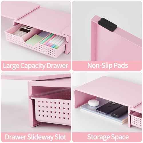 Dual Monitor Stand Riser with Drawer, Desk Organizer and Accessories, Pink Monitor Stand for Desk, Desktop Stand for Computer, Laptop, TV and More (Pink)