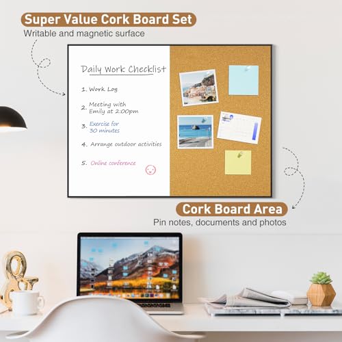 Black Cork & Whiteboard Combo - 18x24 Inches Wall Vision Board with Markers