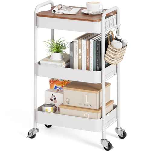 TOOLF 3-Tier Rolling Cart with Table Top, Metal Storage Cart on Wheels, Utility Organizer with Wooden Tray, Lockable Casters, Easy Assembly for Bathroom, Living Room, Office, Kitchen, White