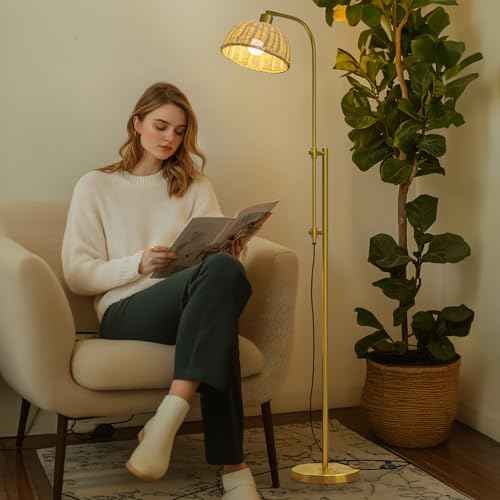Oneach 65" Arc Floor Lamp for Living Room, Adjustable Height Gold Floor Lamps with Rattan Lampshade, Foot Switch, Boho Farmhouse Tall Lamp for Bedroom Corner Study Home Office