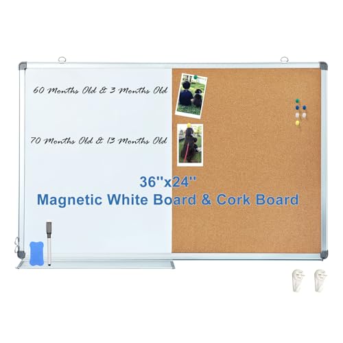 36x24 Inch Magnetic Whiteboard & Cork Bulletin Board Combo - Wall Mount Office Home School Organizer