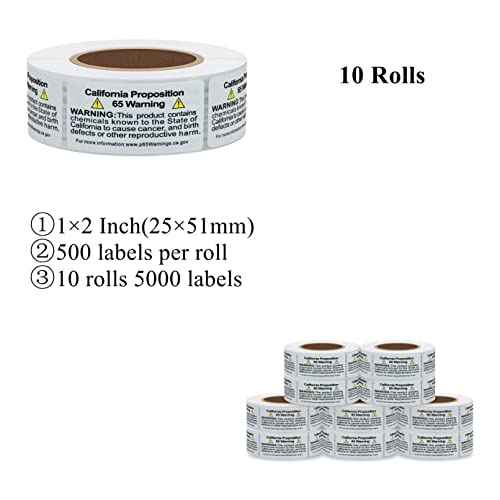 California Prop 65 Warning Labels, 1¡¿2 Inch P65 Health Consumer Alert Sign Chemical Safety Self Adhesive Stickers - 500 Labels Per Roll (10 Rolls)