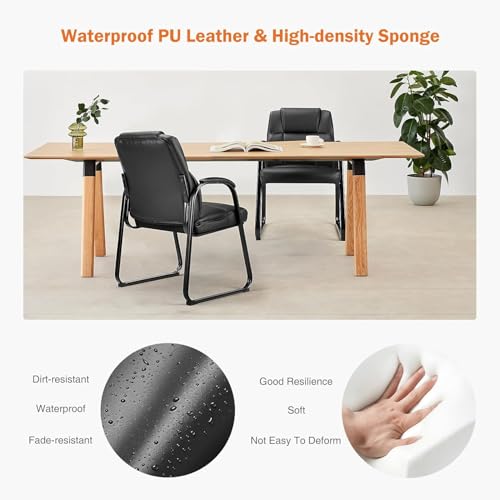 Sweetcrispy Waiting Room Guest Chair, Leather Stationary Office Reception Chairs No Wheel, Comfy Padded Arms and Seld Base, for Conference Room Lobby Home Computer Desk Bedroom Elderly, Black