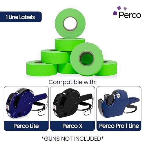 Perco 1 Line Fluorescent Green Labels - 8 Rolls, 1 Sleeve, 8,000 Blank Price and Date Gun Labels for Perco Lite, X, Plus and Pro 1 Line Price and Date Guns - Made in USA