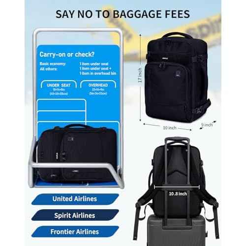 ECOHUB 17" Small Travel Backpack, United Airlines Personal Item Bag 17x10x9 with 16 Pockets, Water Resistant Rucksacks Fit 15.6" Laptop, AirTag Pocket, Lightweight Casual Daypack, 25L, Black