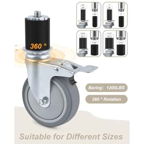ERKOON Prep Table Caster Wheels Set, 4 Heavy duty Expanding Stem Casters legs Fit 7/8", 1", 1-1/2", 1-5/8" Tube Leg Stainless Steel Table for Stainless Steel Furniture Legs,Cart, Kitchen Workbench(4")