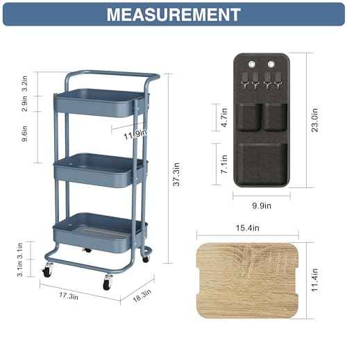 DTK 3 Tier Metal Utility Rolling Cart with Table Top and Side Bags, Metal Tray Storage Organizer Cart with Wheels, Art Craft Cart with 4 Hooks for Kitchen Bathroom Office Living Room (Blue)