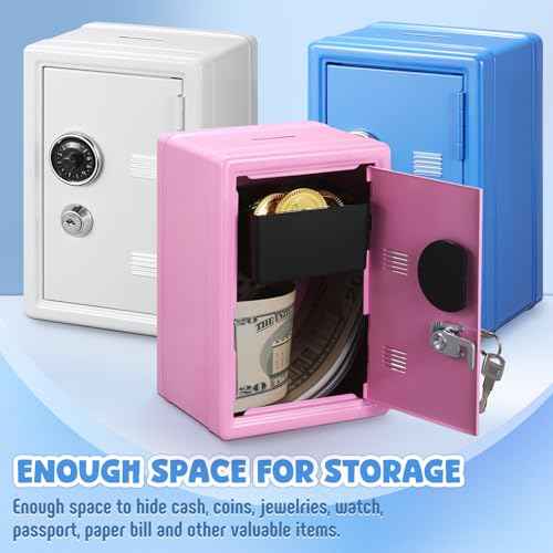 Zonon 3 Pcs Mini Safe Piggy Bank for Kids, Metal Locker Toy Safe Box for Boys Girls Money Cash Coin, Steel Money Saving Box with Lock 2 Keys Coin Tray 7. 1"x 4. 7"x 3. 9"(Blue, Pink, Ivory White)