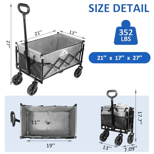 Collapsible Wagon Folding Utility Cart, Beach Wagon 352LBS Heavy-Duty with Adjustable Handles, 5" Quiet Swivel Wheels, Lightweight (11lbs) for Groceries, Camping, Moving, Gray