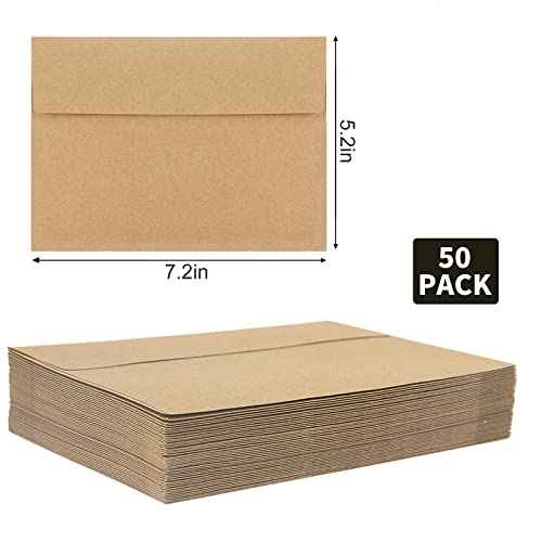 50 Pack Kraft Envelopes,A7 Envelopes,5x7 Envelopes for Invitations,Wedding, Baby Shower,Brown Kraft Envelopes for Personalize Gift Cards, Birthday Party