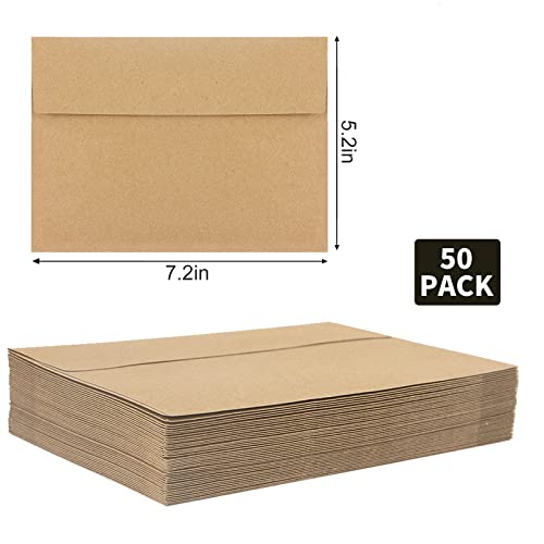 A7 Kraft Envelopes 50 Pack - 5x7 Invitation, Wedding, Baby Shower, Gift Card