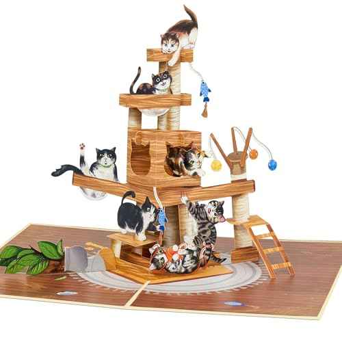 Cat Tree Pop Up Card, Funny Cats, 3D Greeting Card, Gifts for Birthday, Valentines day, Mothers Day, Fathers Day, Cat Person, 5x7 - Includes Envelope And Message Note