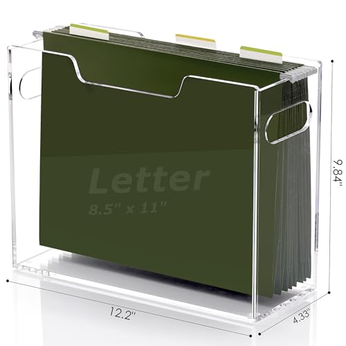 DINGHUO Hanging File Box, Letter Size Acrylic Hanging File Organizer, Clear Portable File Storage Box with Handle, File Folder Holder for Desk Home Office School -1 Pack