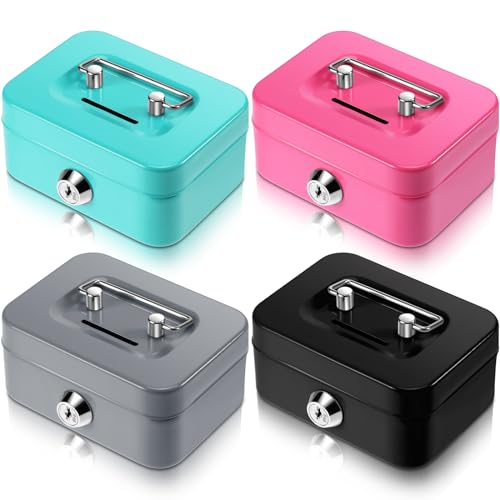 Tandefio 4 Pcs Small Cash Box with Lock – Mini Metal Money Box 11.5 x 8.5 cm (Black, Green, Gray, Pink)