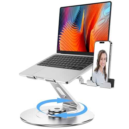 Laptop Stand with Phone Holder, Adjustable Laptop Stand with 360 Rotating Base, Aluminum Computer Mount Holder, Ergonomics Laptop Riser for Desk, Fits MacBook, up to 17.3" All Notebooks Silver