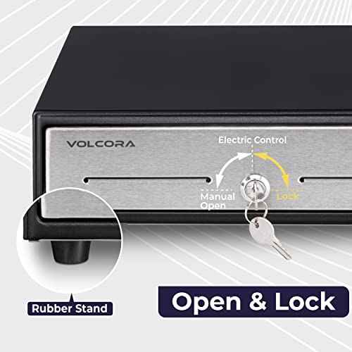Volcora 13" Cash Register Drawer for Point of Sale (POS) System - Black with Stainless Steel Front - Fully Removable 2 Tier Cash Tray, 4 Bill/5 Coin, 24V, RJ11/RJ12 Key-Lock, Double Media Slot