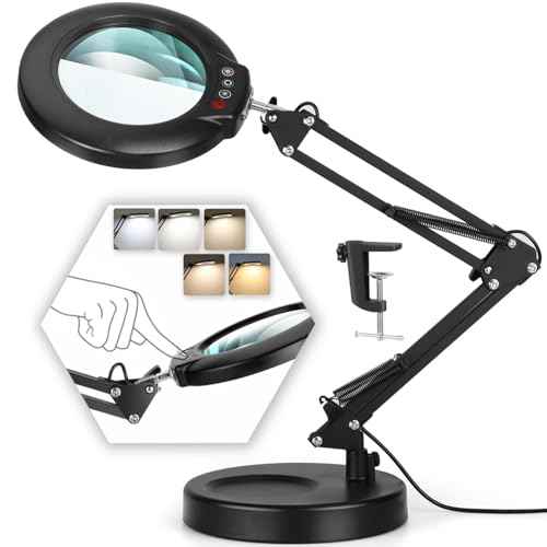 10X Magnifying Glass with Light and Stand, 5 Color Modes Stepless Dimmable 2-in-1 Desk Lamp with Clamp, Hands Free LED Lighted Magnifier with Light for Craft Hobby Painting Reading Repair Close Works