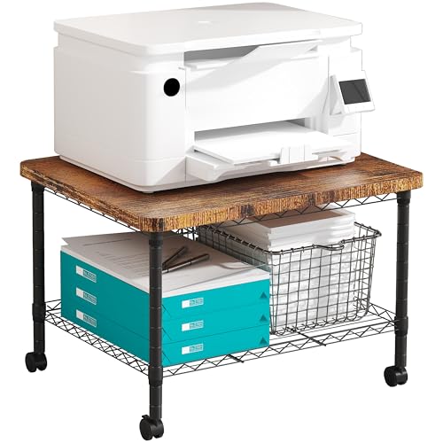 Printer Stand, Under Desk Table, Adjustable Heights 2 Tier Table with Wheels, Industrial Under Desk Heavy-Duty Mobile Cart, Shelf for Small Spaces, Home Office, Rustic Brown