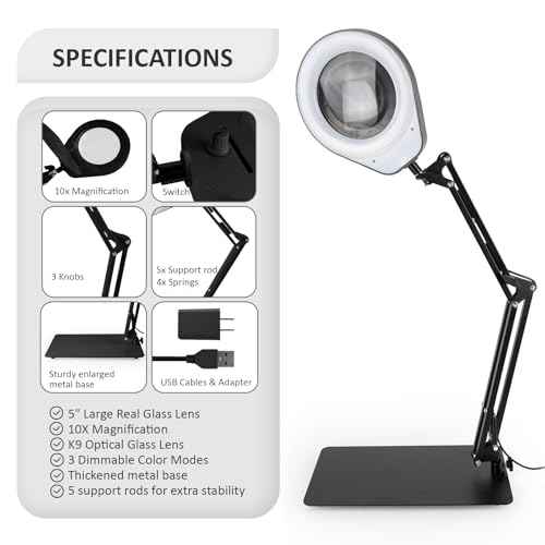 10X Magnifying Glass with Light and Stand,Dimmable Flexible Magnifying Craft Ligh, LED Lighted Magnifier Hands Free for Close Work Craft Reading Painting Hobby (Black-05)