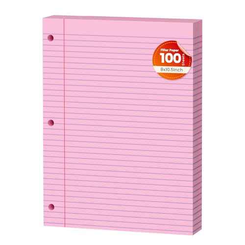 Pink Loose Leaf Paper 100 Sheets Colored Filler Paper 8 * 10.5 College Ruled 3-Hole Punched Paper for 3-Ring Binders Notebook Lined 8" x 10.5"