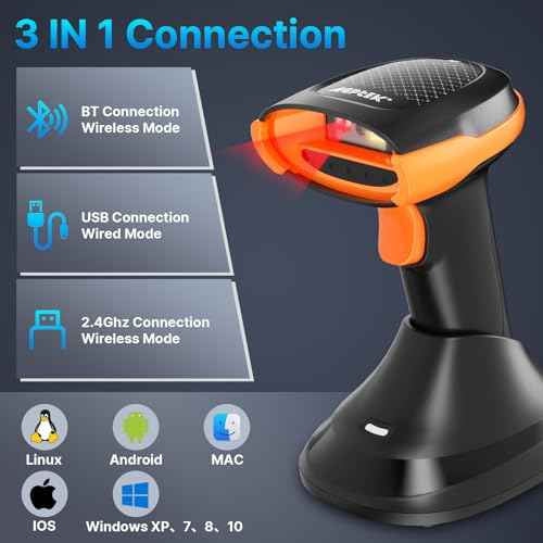 AGPTEK Bluetooth & 2.4GHz Wireless Barcode Scanner with Battery Indicator, Replaceable Battery, 2D/1D QR Code Reader, Wireless Charging Cradle, Ideal for Retail & Warehouse Use