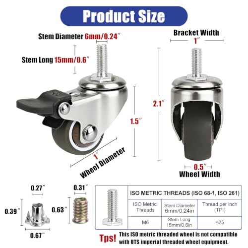 Luxinika 1 inch Caster Wheels with Threaded Stem M6x15mm, 4-Pack with Brakes, Non-Marking Rubber Furniture Casters