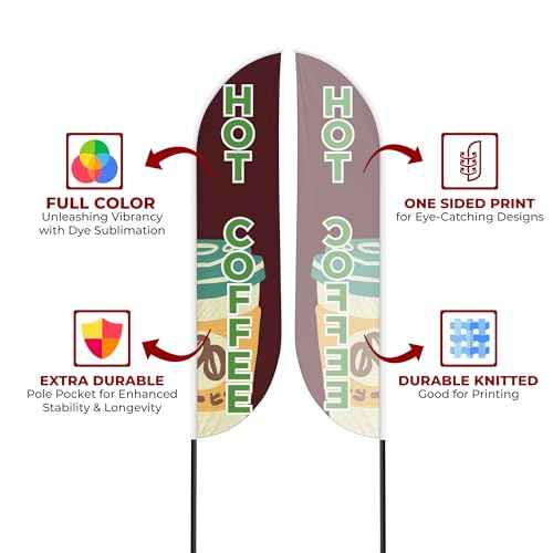 Hot Coffee Sign feather flag for Outdoor by Mavis Print | 11.5 FEET Long Polyester Outdoor Banner Flag for Easy Hang | HD Print Swooper I Flag Only for Food Advertising | Made in USA I Flag Only