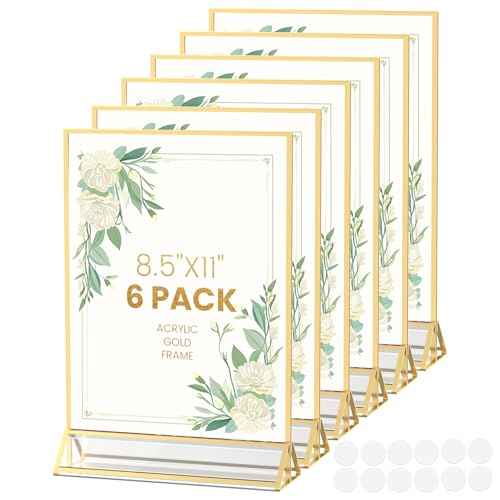 Acrylic Sign Holder 8.5X11 Gold Frames Double-Sided Gold Picture Frames for Flyer Holder Menu Holder Wedding Table Number Holder Christmas Photo Frame with Removable Sticky Dots -6 Pack