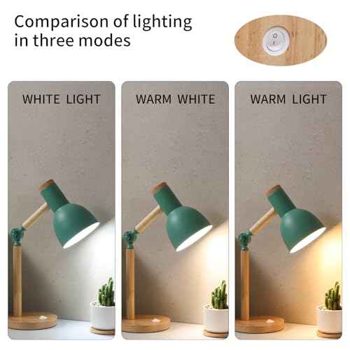 Table Lamp,Wooden Adjustable Tri-Color Desk & Bedside Lamp for Office, Living Room, Bedroom & Kids Room (Green)