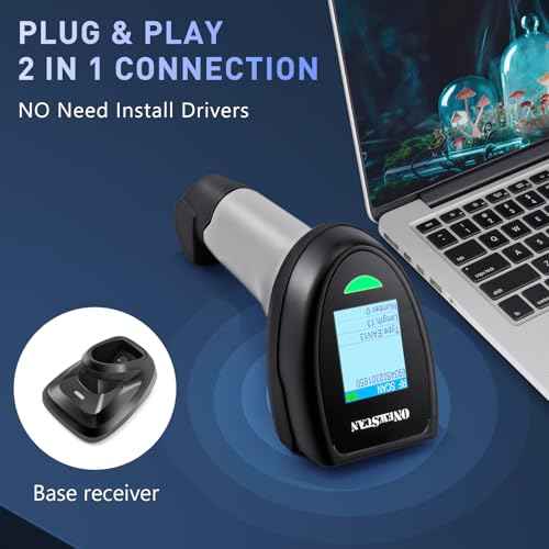 Barcode Scanner Wireless, ONEWSCAN 1D Barcode Reader with Smart Charging Base Stand 2.4G Wireless & USB Wired Connection Plug and Play Handheld Bar Code Scanners with Screen