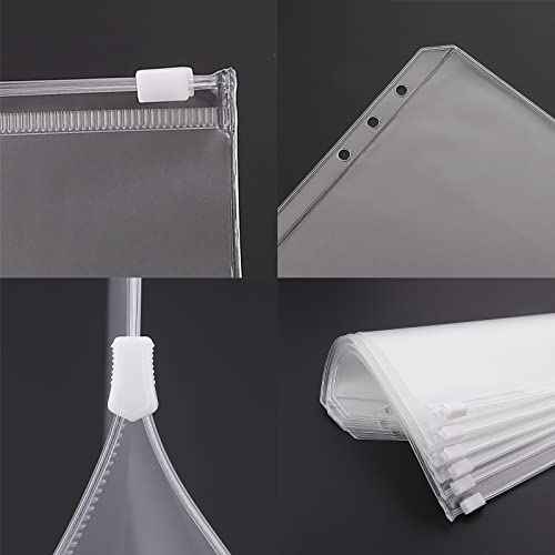 Antner 12pcs A6 Size Binder Pockets 6 Holes Budget Cash Envelopes for Budgeting, Clear Zipper Folders Loose Leaf Bags for A6 6-Ring Budget Binder, Waterproof PVC Document Pouch Filing Bags