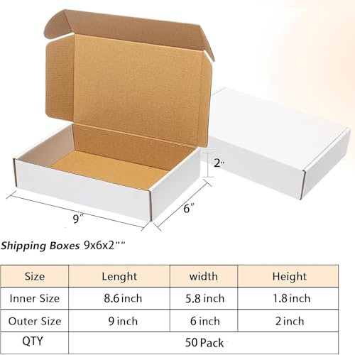 White-9x6x2 Shipping Boxes, 50 Pack Corrugated Cardboard Packaging for Small Business