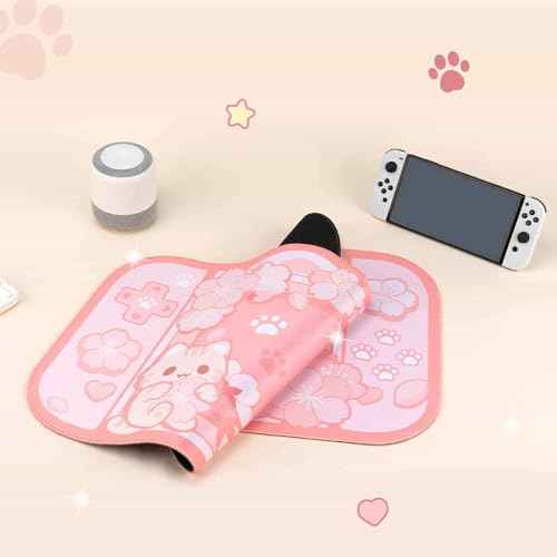 BelugaDesign Sakura Cat Desk Pad | NS Switch Keyboard Laptop Gaming Setup Accessories Mat Large Mat Mousepad | Pastel Pink Bunny Kawaii Cute Anime Desk Mat Blotter Protector with Gel Wrist Support