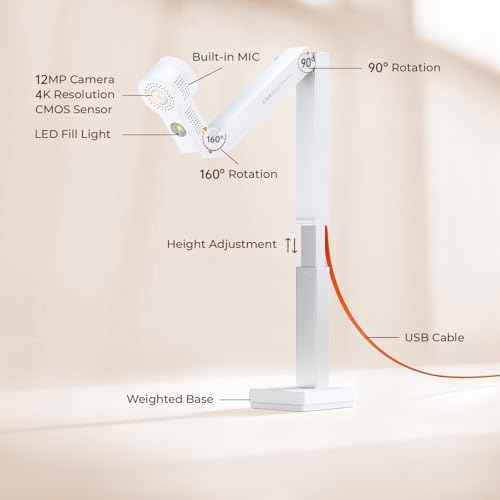 CZUR Fancy S Pro USB Document Camera for Teacher, 12MP 4K Webcam with Microphone and LED Light, Up to 60fps, Auto Focus, for Remote Teaching, Web Conference, for Mac and Windows, White