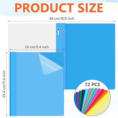 72 Pack Plastic Report Covers with 3 Prongs Presentation Folders Bulk, 100 Sheet Capacity, Clear Front Report Covers for Presentation Document Paper School Office Supplies (Colorful)