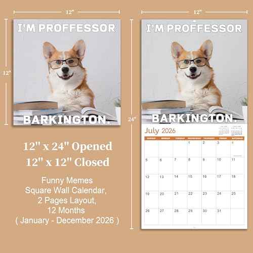2026 Wall Calendar - JAN 2026 - DEC 2026, Funny Dog Calendar 2026, 12" x 24" Opened, 2026 Calendar, 12-Month Calendar, Funny Dog Memes Pics