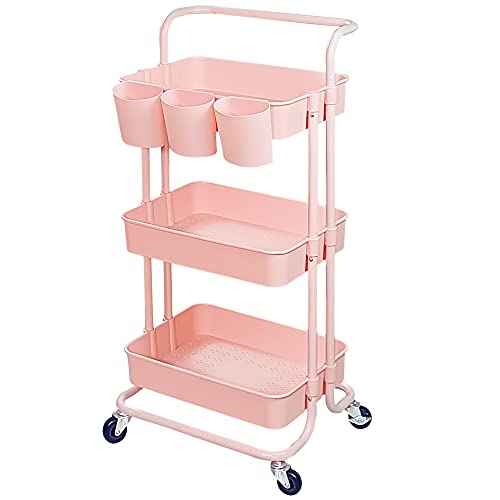 3-Tier Multifunction Rolling Cart Utility Storage Shelves Cart with Hanging Cup Lockable Wheels and Handle for Office Living Room Kitchen Bathroom (Pink)