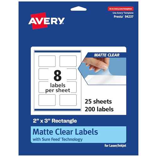 Avery Matte Clear Rectangle Labels, Sure Feed Technology, 2" x 3", 200 Matte Clear Labels, Print-to-The-Edge, Laser/Inkjet Printable