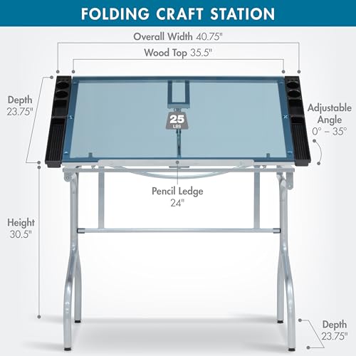 Studio Designs Folding Modern Glass Top Adjustable Drafting Table Craft Table Drawing Desk Hobby Table Writing Desk Studio Desk, 35.25" W x 23.75" D, Silver/Blue Glass