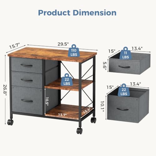 DUMOS 3-Drawer Mobile File Cabinet with Rolling Printer Stand – Grey