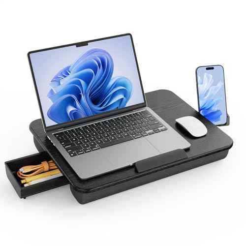 SAIJI Laptop Lap Desk, Portable Laptops Tray with Cushion, Drawer Storage, Phone Holder, Carry Handle, Phone Holder- Computer Laptop Stand for Bed Fits Up to 15.6 Inch Laptops