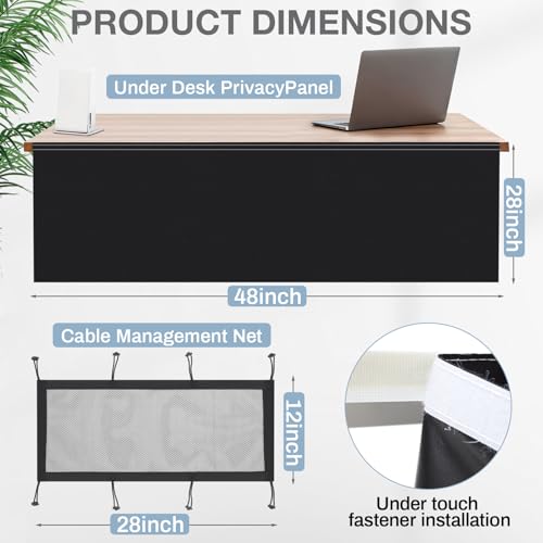 Tegeme 48-Inch Black Under Desk Privacy Panel with Cable Management Self-Adhesive Skirt