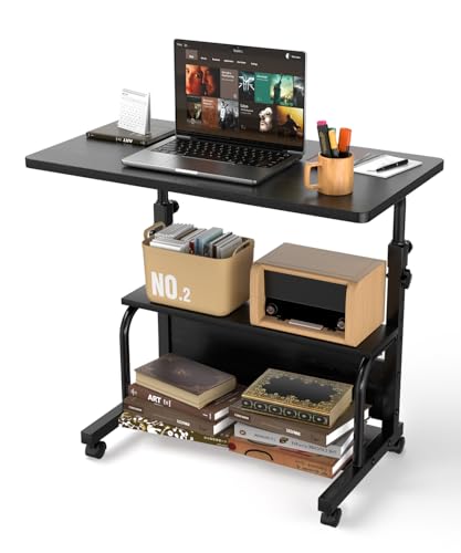 QZMDSM Black Adjustable Rolling Desk with Storage Shelves, 32 Inch Computer & Drafting Table