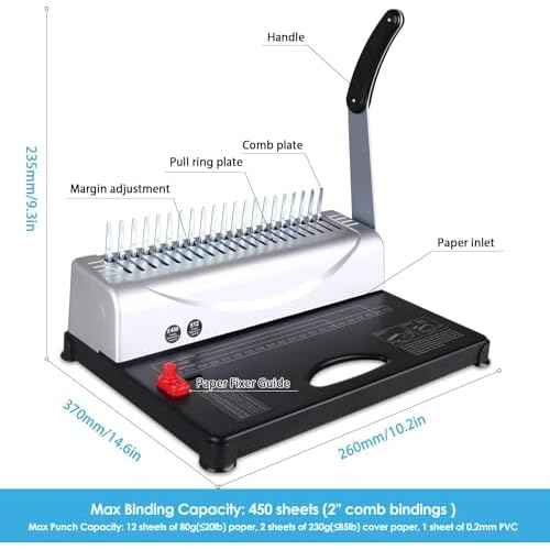 MAKEASY Binding Machine, 21-Hole, 450 Sheets, Comb Binding Machines with 1 Box Comb Bindings Spines, Comb Binder for Letter Size, A4, A5 Paper