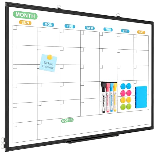WALGLASS 36x24 Inch Double-Sided Black Frame Dry Erase Calendar Whiteboard Wall Organizer