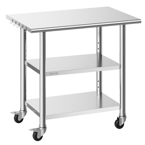 VEVOR 24x36 Stainless Steel Work Table with 2 Shelves & Wheels – Heavy Duty Kitchen Prep Station