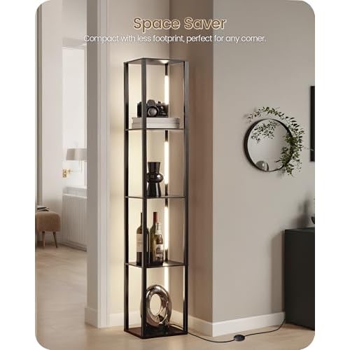 64.2" Display Shelf with Light, Modern Corner Floor Lampe with Shelves, LED Dimmable Standing Lamp with Remote for Living Room, Bedroom, Office, Adjustable CCT, Black Square B51LD05