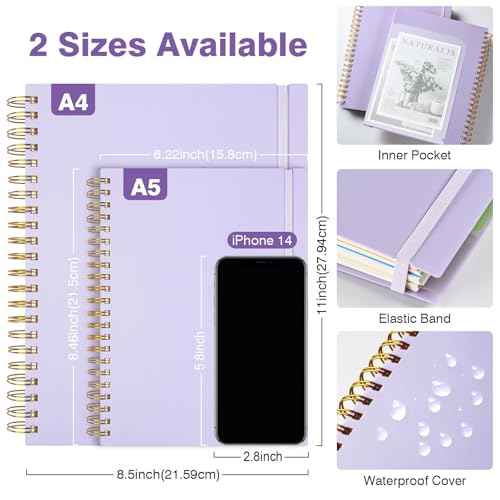 Spiral Notebook 8.5" x 11", 5 Subject Notebooks College Ruled with Removable Dividers, 300 Pages 100GSM Thick Spiral Writing Journal for Women & Men, Large A4 Lined Journal Notebooks for Work, School